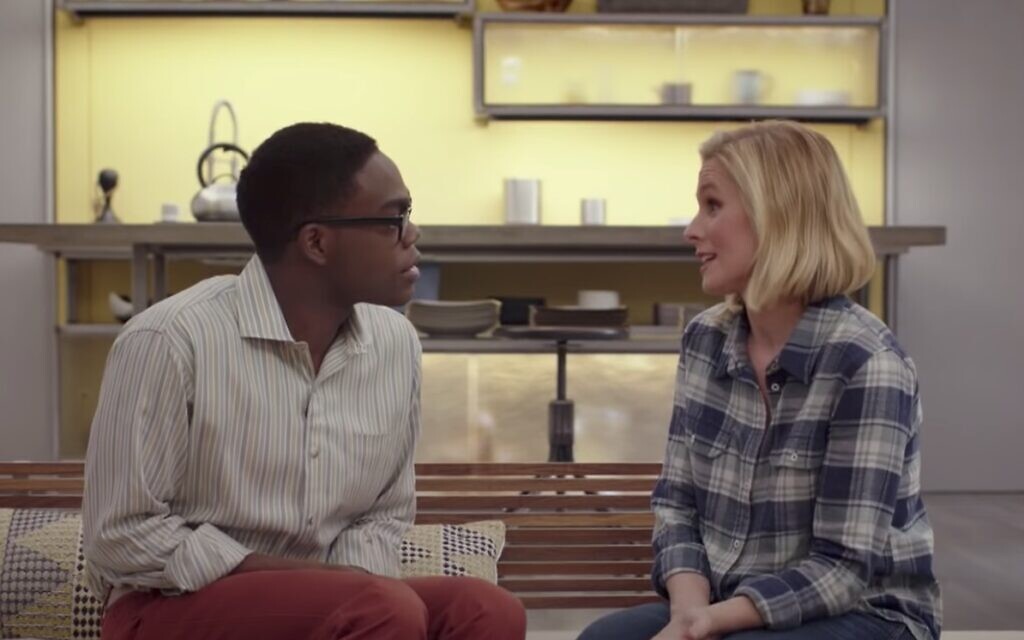 William Jackson Harper as Chidi and Kristen Bell as Eleanor on 'The Good Place.' (Screen shot from YouTube/ via JTA)