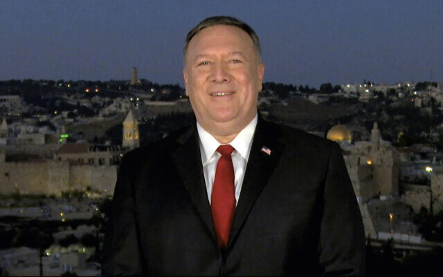 In this image from video, Secretary of State Mike Pompeo speaks from Jerusalem during the second night of the Republican National Convention on August 25, 2020. (Courtesy of the Committee on Arrangements for the 2020 Republican National Committee via AP)