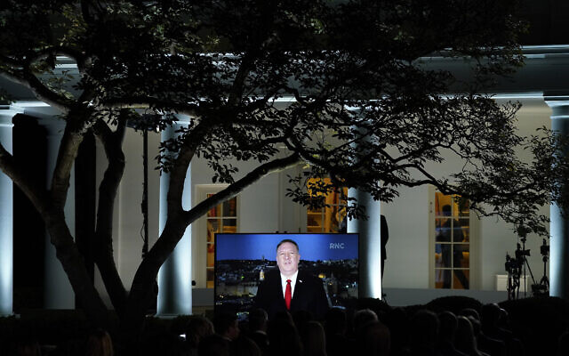 A video of Secretary of State Mike Pompeo speaking during the Republican National Convention plays from the Rose Garden of the White House, on August 25, 2020. (AP/Evan Vucci)
