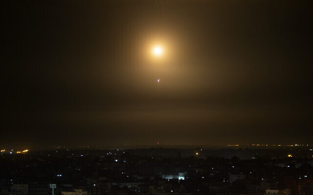 Illustrative: An explosion caused by Iron Dome air defense system missiles intercepting rockets fired from Gaza, February 23, 2020. (AP Photo/Khalil Hamra/ File)