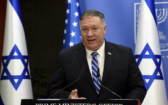 US Secretary of State Mike Pompeo speaks during a joint statement to the press with Prime Minister Benjamin Netanyahu after their meeting, in Jerusalem, Monday, Aug. 24, 2020. (Debbie Hill/Pool via AP)