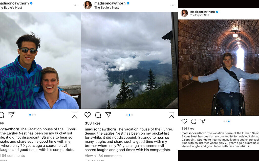 Screenshots from Madison Cawthorn's Instagram account show pictures from a 2017 visit to the site of a Nazi retreat used frequently by Hitler. In the caption of the now-deleted pictures, Cawthorn called Hitler 'the Führer.' (Twitter via JTA)