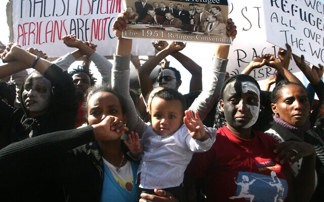 African asylum seekers seen during a protest outside the Ministry of Interior in Tel Aviv, Israel, February 11 2014. (Roni Schutzer/Flash90)