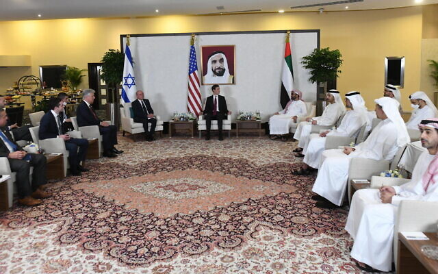 National Security Adviser Meir Ben-Shabbat meets with his counterpart, UAE National Security Advisor Sheikh Tahnoun bin Zayed, UAE Minister for Foreign Affairs and International Cooperation Sheikh Abdullah bin Zayed, US Senior Presidential Advisor Jared Kushner and US National Security Advisor Robert O'Brien, and other officials, in the UAE National Security Advisor's palace in Abu Dhabi, August 31, 2020. (Amos Ben-Gershom / GPO)