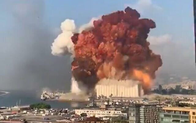 An explosion in Beirut's port on August 4, 2020. (screen capture: Twitter)