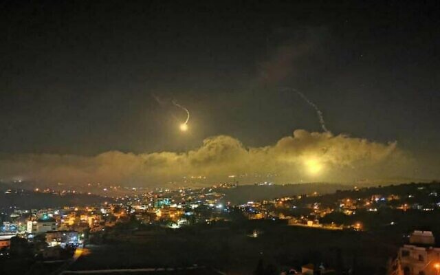 Illustrative: The Israeli military fires flares into the sky over the Lebanese border on August 25, 2020. (Courtesy)