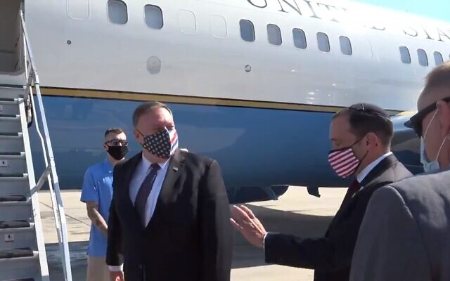 US Secretary of State Mike Pompeo departs Israel on first ever official direct flight from Israel to Sudan, August 25, 2020 (US Embassy Twitter screenshot)