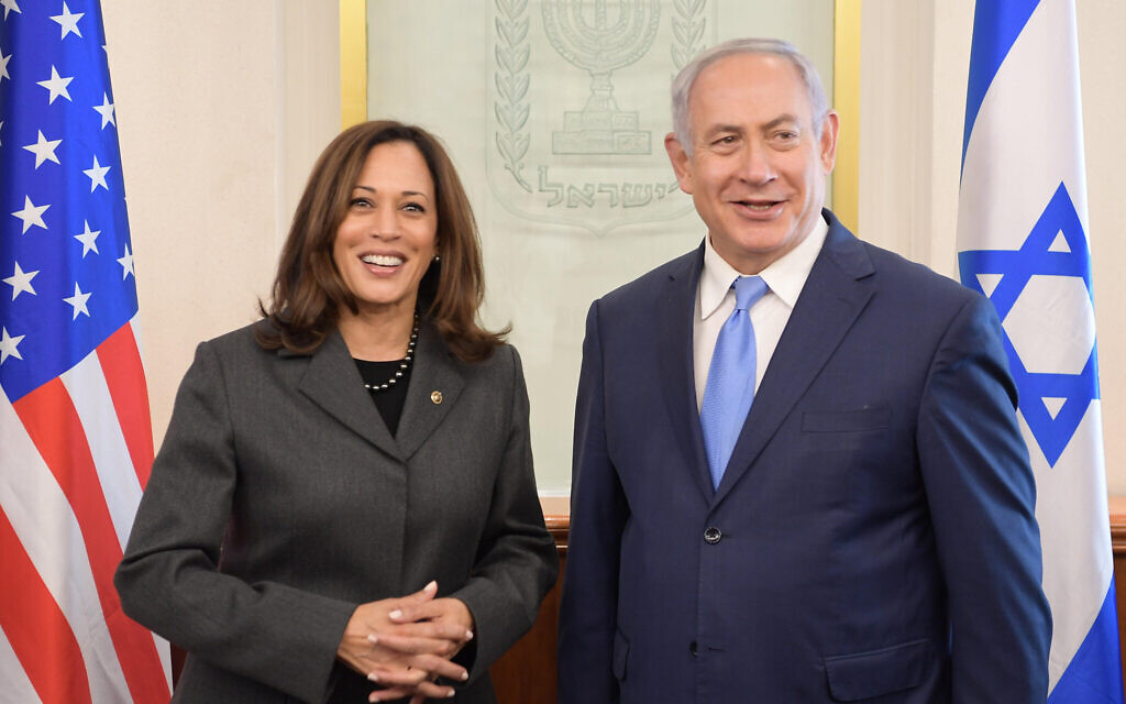 Sen. Kamala Harris, left, hosted by Israeli PM Netanyahu in his Jerusalem office, November 2017 (Amos Ben Gershom/GPO)