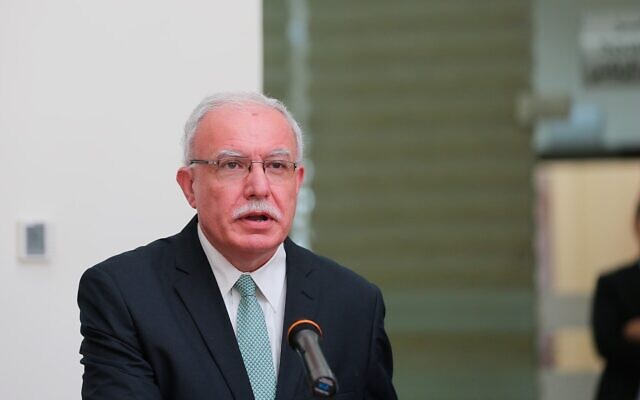 Palestinian Authority Foreign Minister Riyad al-Maliki at a press conference on September 22, 2020. (WAFA)