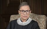 The late US Supreme Court Justice Ruth Bader Ginsburg, in her signature lace jabot, one of which was donated by Ginsburg before her death to Tel Aviv's Museum of the Jewish People (Courtesy Supreme Court of the United States)