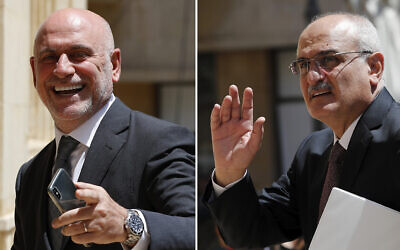 A composite picture shows Lebanese Public Works and Transportation Minister Youssef Fenianos entering parliament in Beirut, Lebanon, May 23, 2018, left, and Lebanese former Finance Minister Ali Hassan Khalil arriving at the parliament, in Beirut, Lebanon, July 16, 2019.(AP Photo/Hussein Malla)