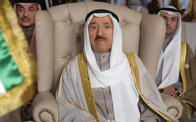 In this March 31, 2019 file photo, Kuwait's ruling emir, Sheikh Sabah Al Ahmad Al Sabah, attends the opening of the 30th Arab Summit, in Tunis, Tunisia. (Fethi Belaid/Pool Photo via AP, File)