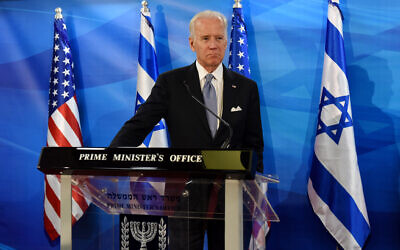Then-US Vice President Joe Biden at a press conference at the Prime Minister's Office in Jerusalem, March 9, 2016. (Debbie Hill, Pool via AP)