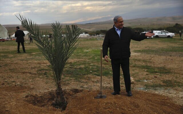 Prime Minister Benjamin Netanyahu prepares to plant a tree during an event on the Jewish holiday of Tu BiShvat, in the Jewish settlement of Mevo'ot Yericho, in the West Bank near the Palestinian city of Jericho, February 10, 2020. (AP/Ariel Schalit)