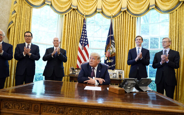 US President Donald Trump in the Oval Office of the White House, shortly after the announcement of Bahrain's decision to normalize ties with Israel, September 11, 2020. (AP/Andrew Harnik)