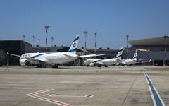 El Al airplanes parked at Ben Gurion International Airport, August 8, 2020. (Olivier Fitoussi/FLASH90)