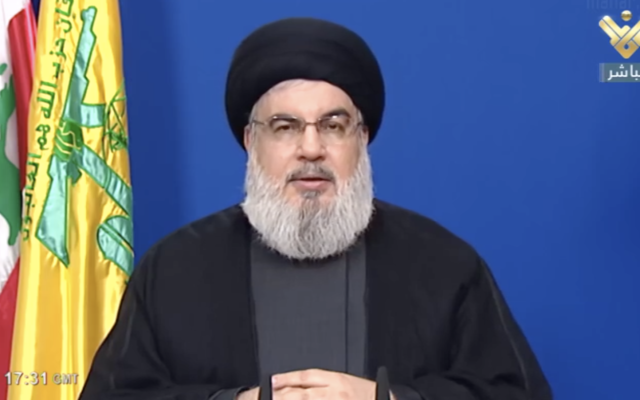Hezbollah Secretary General Hassan Nasrallah gives an address on official party al-Manar TV on September 29, 2020. (Screenshot: Al-Manar)