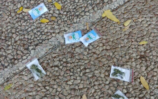 Sacks of free marijuana samples that were dropped from a drone in Tel Aviv on Thursday, September 3, 2020.