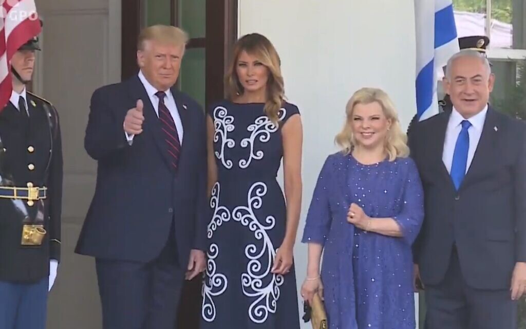 President Donald Trump and First Lady Melania welcome Prime Minister Benjamin Netanyahu and wife Sara to the White House for the Abraham Accords ceremony on September 15, 2020 (GPO screenshot)