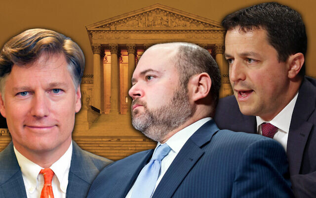 Three Jewish candidates on US President Donald Trump's list of potential appointees to replace the late Justice Ruth Bader Ginsburg on the Supreme Court: (Left to right) Ambassador Christopher Landau (State Department Official Portrait); David Stras (Getty Images); and Steven Engel (Mark Wilson/Getty Images). Background: Supreme Court Building (Wikimedia Commons). Collage via JTA.