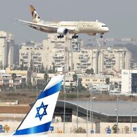 An Etihad Airways plane carrying a delegation from the United Arab Emirates on a first official visit lands at Israel's Ben Gurion Airport near Tel Aviv, on October 20, 2020. (Jack Guez/AFP)