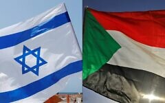 This combination of pictures created on October 23, 2020, shows an Israeli flag during a rally in the coastal city of Tel Aviv on September 19, 2020; and a Sudanese flag during a gathering east of the capital Khartoum on June 3, 2020. (JACK GUEZ and ASHRAF SHAZLY / AFP)