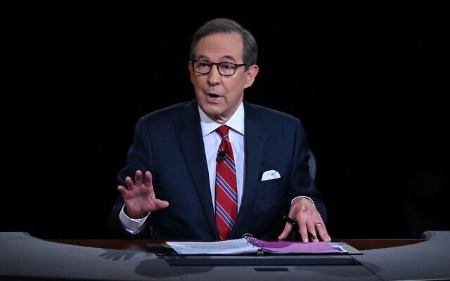 Jewish journalist Chris Wallace, seen here during the first 2020 presidential debate in Cleveland, was named after Christopher Columbus. (Olivier Douliery/Pool/Getty Images/ via JTA)
