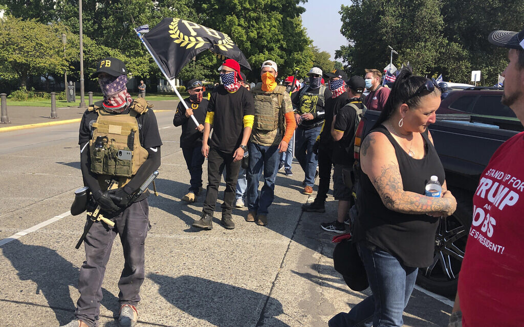 Members of the far-right Proud Boys in Salem, Oregon, on September 7, 2020, for a pro-Trump rally at the state capitol. (AP Photo/Andrew Selsky)