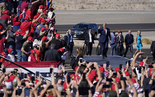 US President Donald Trump arrives at a campaign rally Wednesday, Oct. 28, 2020, in Bullhead City, Ariz. (AP Photo/John Locher)