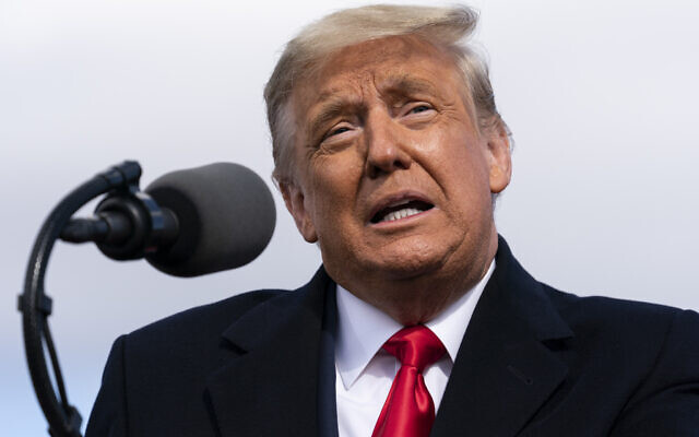 US President Donald Trump speaks at a campaign rally at Keith House, Washington’s Headquarters, Saturday, Oct. 31, 2020, in Newtown, Pa. (AP Photo/Alex Brandon)