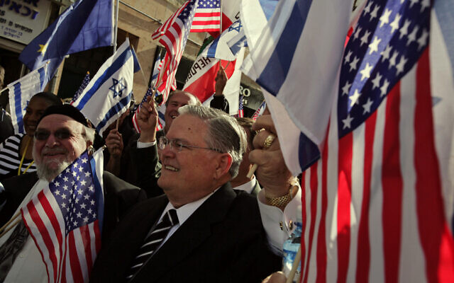 US Evangelist John Hagee, center, leads a march of Christians in support of Israel in Jerusalem, Monday April 7, 2008. (AP Photo/Peter Dejong)