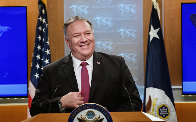 US Secretary of State Mike Pompeo speaks during a news conference at the State Department in Washington, October 21, 2020. (Nicholas Kamm/Pool via AP)