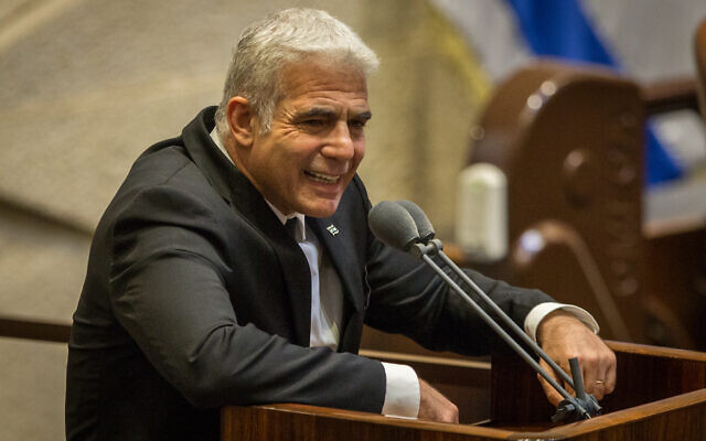 Yesh Atid MK Yair Lapid speaks during a Knesset plenum session on August 24, 2020. (Oren Ben Hakoon/Pool/Flash90)