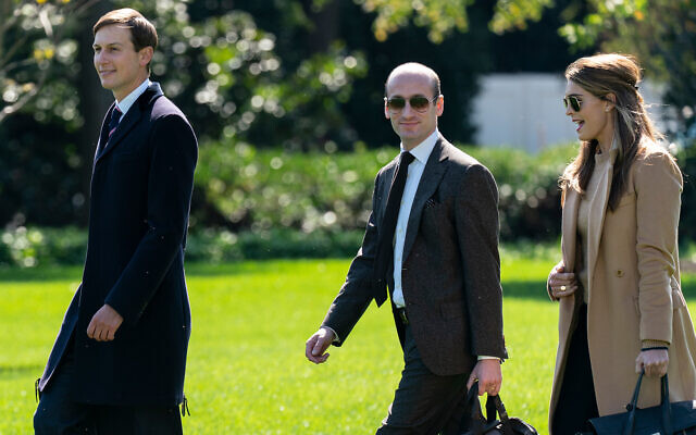 From left, senior Trump advisers Jared Kushner, Stephen Miller, and counselor Hope Hicks, walk to board Marine One with US President Donald Trump at the White House, September 30, 2020. (AP Photo/Carolyn Kaster)