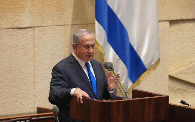 Prime Minister Benjamin Netanyahu addresses the Knesset plenum on October 19, 2020. (Shmulik Grossman/Knesset Spokesperson)