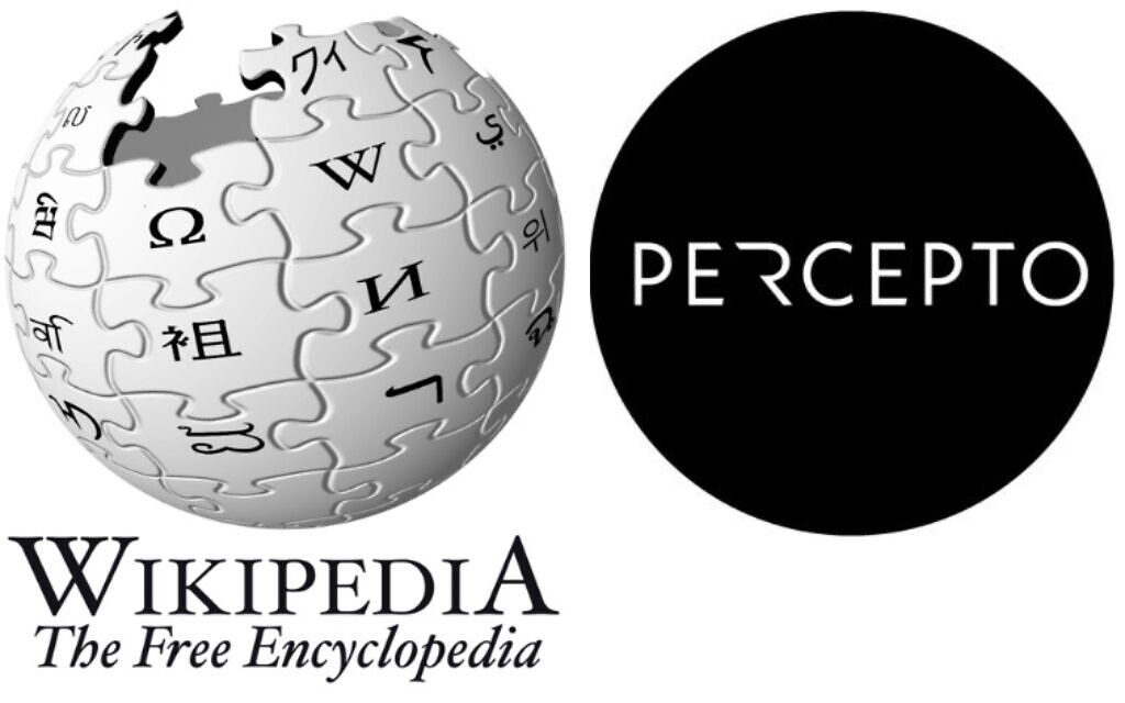 Wikipedia logo alongside the logo for Percepto (Composite image by Times of Israel)