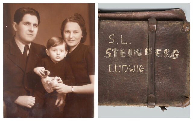 Ludwig, Ida, and Amos Steinberg, circa 1940; the briefcase of Ludwig Steinberg. (Courtesy of the family and Auschwitz Museum)