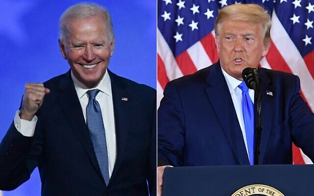 This combination of files pictures created on November 4, 2020, shows Democratic presidential nominee Joe Biden after speaking during election night at the Chase Center in Wilmington, Delaware; and US President Donald Trump on election night in the East Room of the White House in Washington, DC, early on November 4, 2020. (ANGELA  WEISS and MANDEL NGAN / AFP)