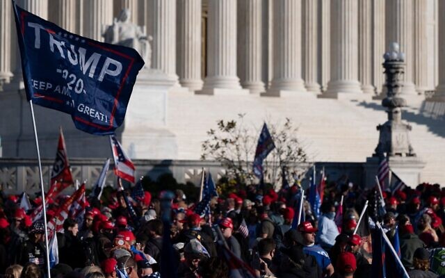 Supporters of US President Donald Trump rally at the Supreme Court in Washington, November 14, 2020. (Andrew Caballero-Reynolds/AFP via Getty Images via JTA)