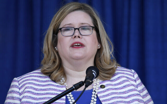 In this June 21, 2019 file photo, General Services Administration Administrator Emily Murphy speaks during a ribbon cutting ceremony for the Department of Homeland Security’s St. Elizabeths Campus Center Building in Washington. (AP Photo/Susan Walsh)
