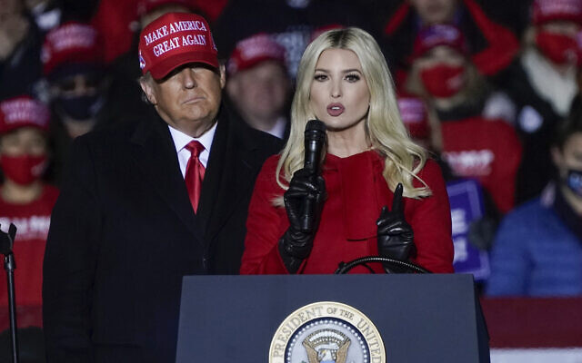 Ivanka Trump speaks at a campaign event while her father, US President Donald Trump, watches in Kenosha, Wisconsin, November 2, 2020. (AP Photo/Morry Gash, File)