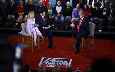 US President Donald Trump speaks during a FOX News Channel Town Hall, co-moderated by FNC's chief political anchor Bret Baier of Special Report and The Story anchor Martha MacCallum, in Scranton, Pennsylvania, March 5, 2020. (AP Photo/Matt Rourke)