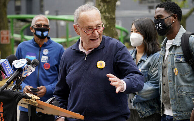 New York Senator Chuck Schumer speaks at a news conference outside an early voting site in New York, Oct. 27, 2020 (AP Photo/Seth Wenig)