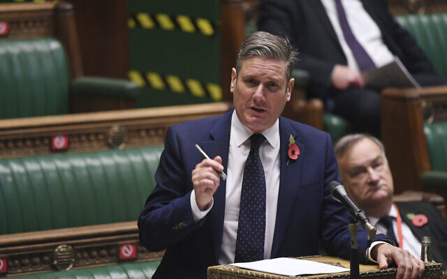 In this handout photo provided by UK Parliament, Britain's Labour leader Sir Keir Starmer speaks during Prime Minister's Questions in the House of Commons in London, November 11, 2020. (Jessica Taylor/UK Parliament via AP)