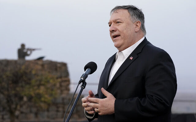 US Secretary of State Mike Pompeo speaks after a security briefing on Mount Bental in the Golan Heights, near the Israeli-Syrian border, November 19, 2020. (AP Photo/Patrick Semansky, Pool)