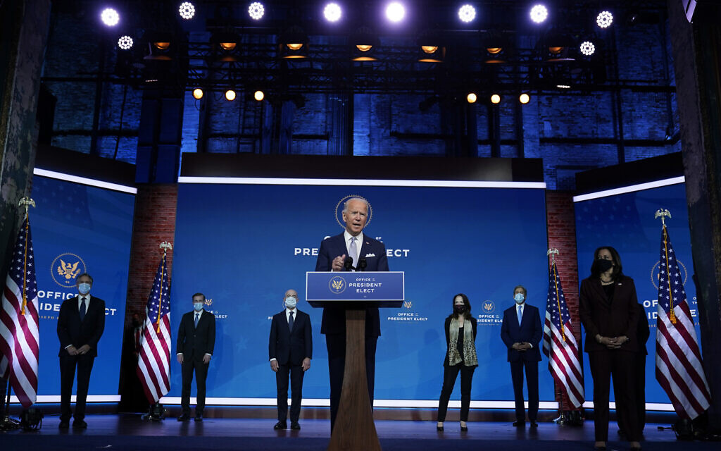 President-elect Joe Biden and Vice President-elect Kamala Harris introduce their nominees and appointees to key national security and foreign policy posts at The Queen theater, November 24, 2020, in Wilmington, Delaware. (AP Photo/Carolyn Kaster)