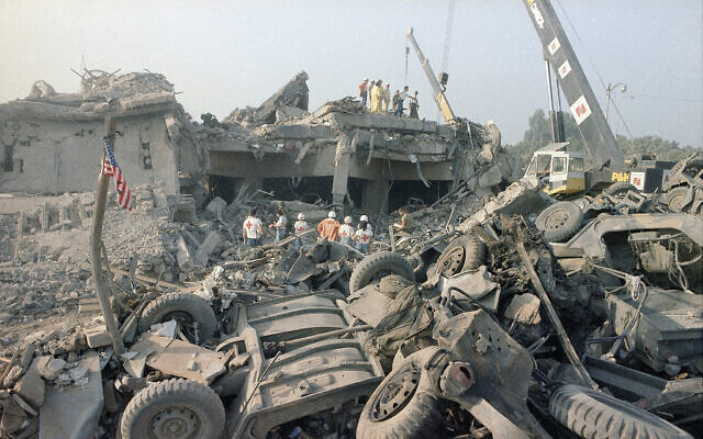 The aftermath of the bombing of the US Marines barracks in Beirut, Lebanon, October 23, 1983.  (Jim Bourdier/AP)