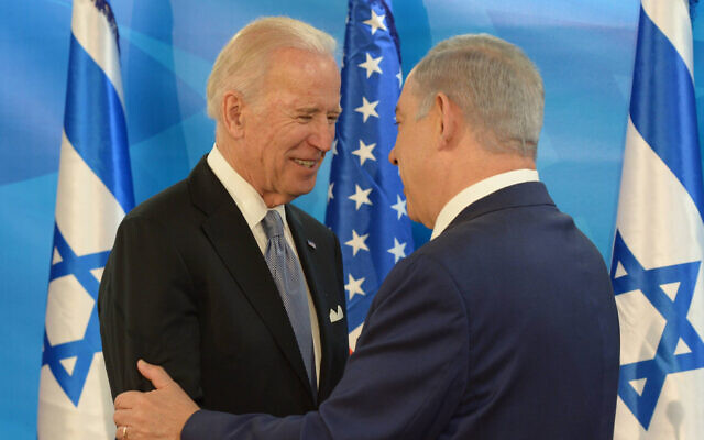 Prime Minister Benjamin Netanyahu, right, meets with then US vice president Joe Biden at the Prime Minister’s Office in Jerusalem, on March 9, 2016. (Amos Ben Gershom/GPO)