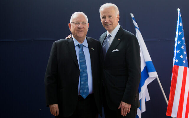 President Reuven Rivlin, left, with then-US Vice President Joe Biden at the President's residence in Jerusalem, on March 9, 2016. (Yonatan Sindel/Flash90)