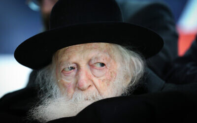 Rabbi Chaim Kanievsky attends a campaign event for the ultra-Orthodox Degel HaTorah party in the northern city of Safed on February 26, 2020. (David Cohen/Flash90)
